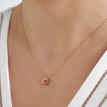 Q Letter Diamond and Red Enamel Rose Gold Pendant - Nev Jewellery (1)