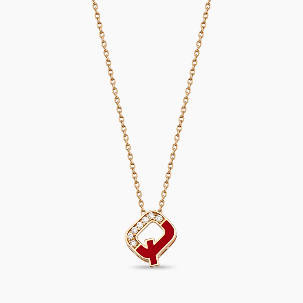 Q Letter Diamond and Red Enamel Rose Gold Pendant - 1