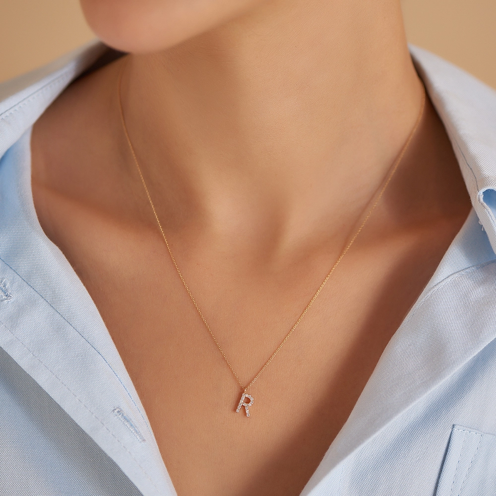 R Harf 0.10 CT Pırlanta Taşlı Rose Altın Kolye - Nev Jewellery (1)