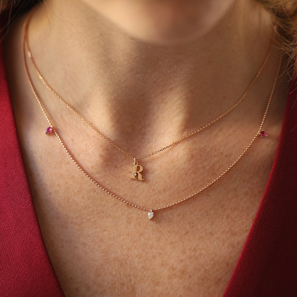 R Harf Baget Pırlanta Taşlı Rose Altın Kolye - Nev Jewellery (1)