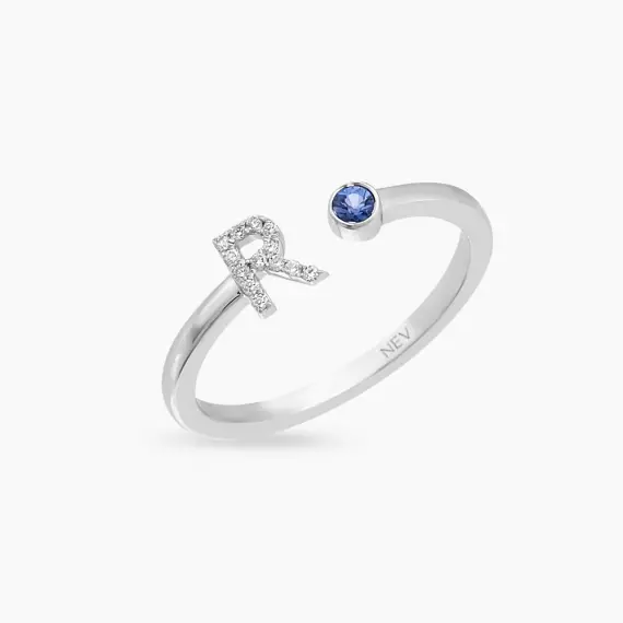 R Harf Blue Safir ve Pırlanta Taşlı Beyaz Altın Yüzük - 3