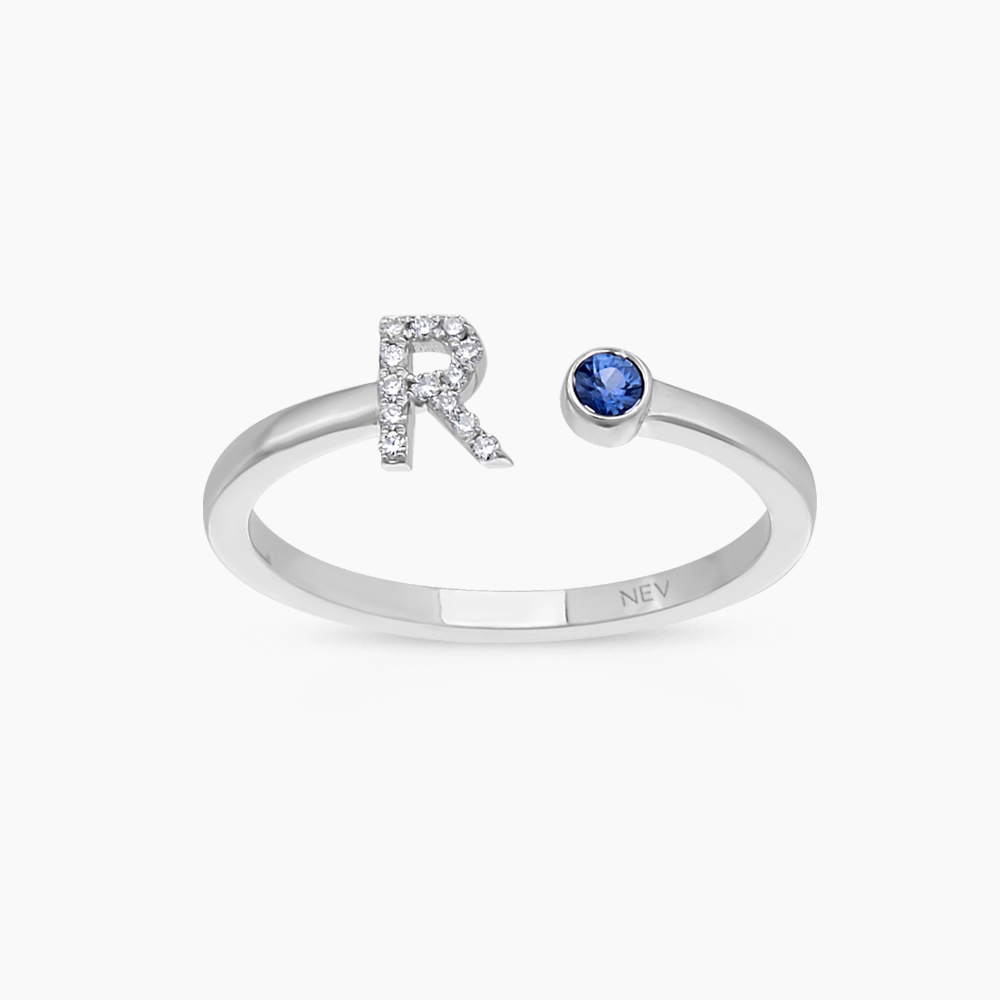 R Harf Blue Safir ve Pırlanta Taşlı Beyaz Altın Yüzük - 1