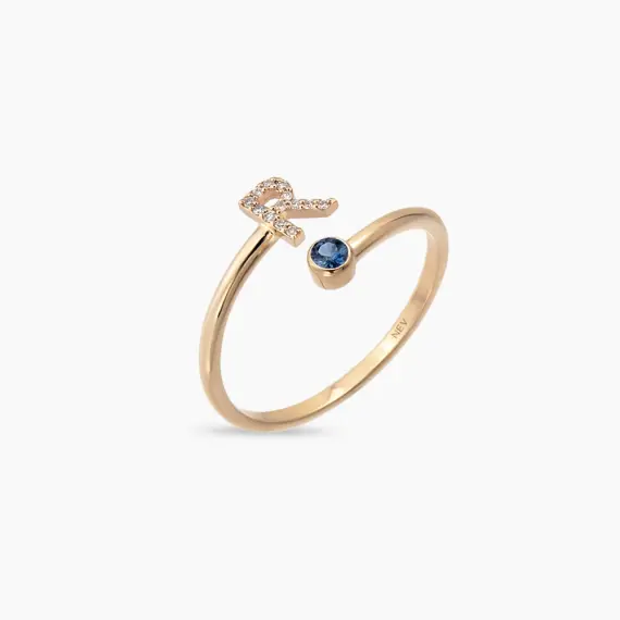 R Harf Pırlanta ve Blue Safir Taşlı Rose Altın Yüzük - 4