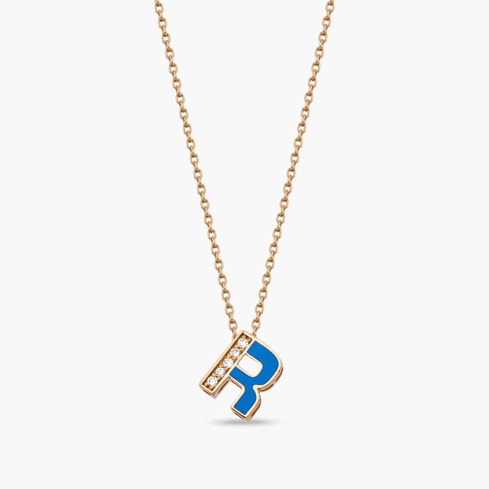 R Letter and Blue Enamel Rose Gold Pendant - 1