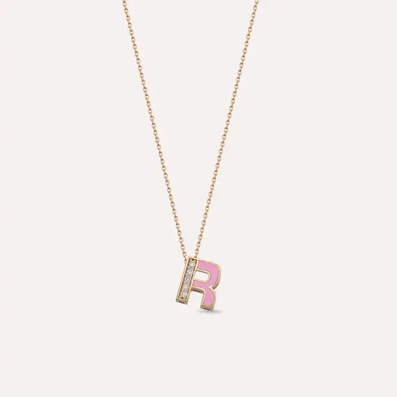 R Letter and Pink Enamel Rose Gold Pendant - 1