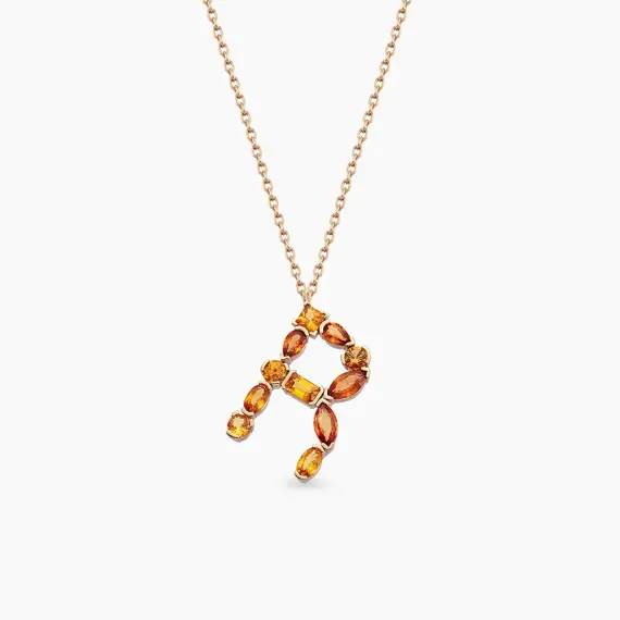R Letter Orange Sapphire Rose Gold Necklace - 1