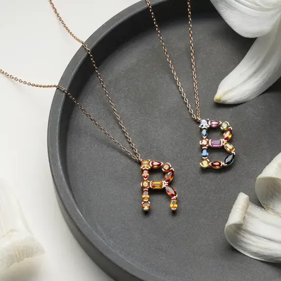 R Letter Orange Sapphire Rose Gold Necklace - 2