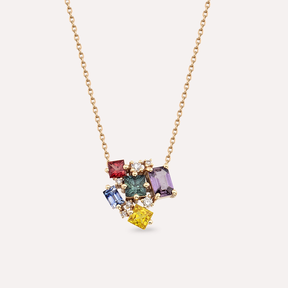 Rio 2.21 CT Multicolor Sapphire and Diamond Rose Gold Necklace - 1