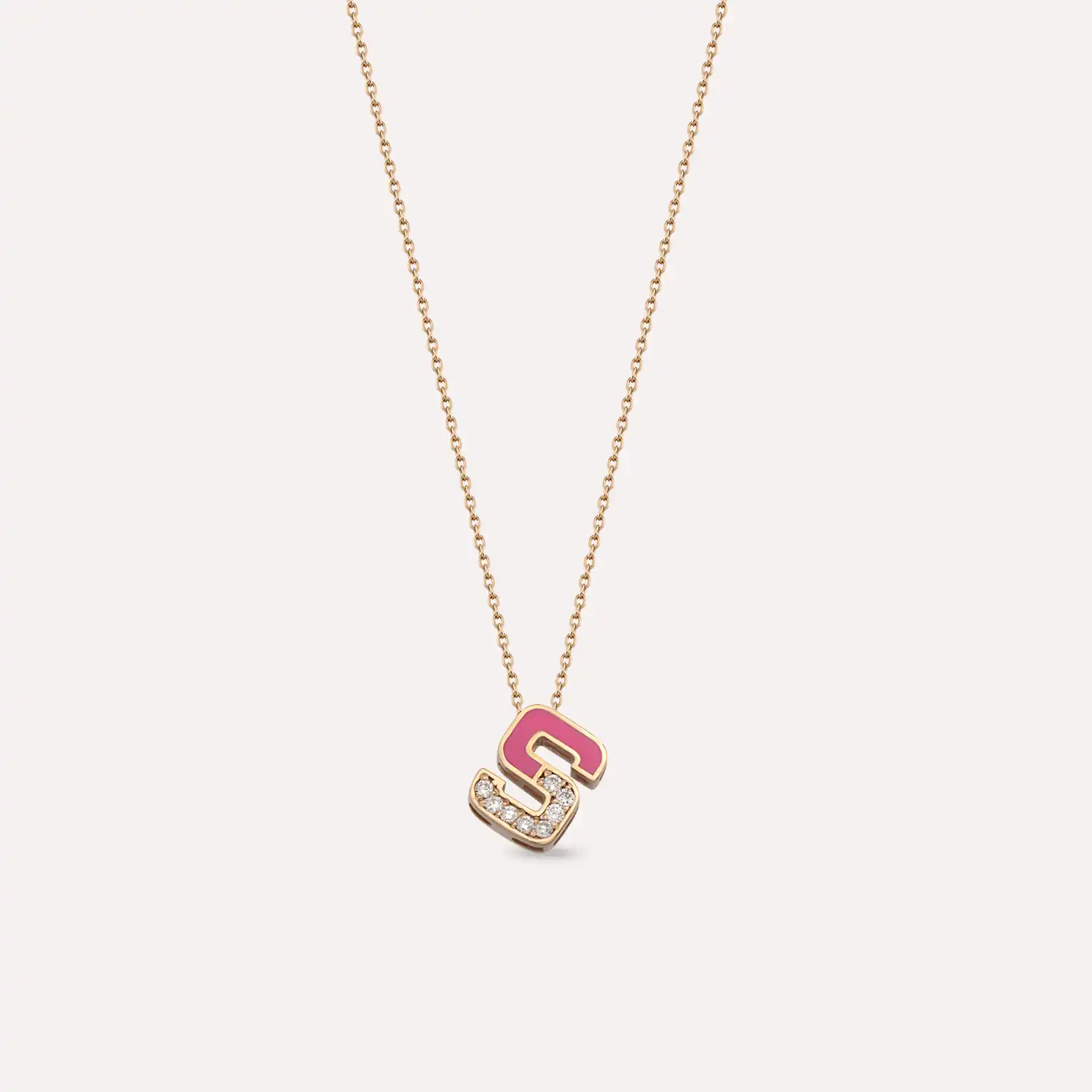 S Letter Diamond and Pink Enamel Rose Gold Necklace - 1