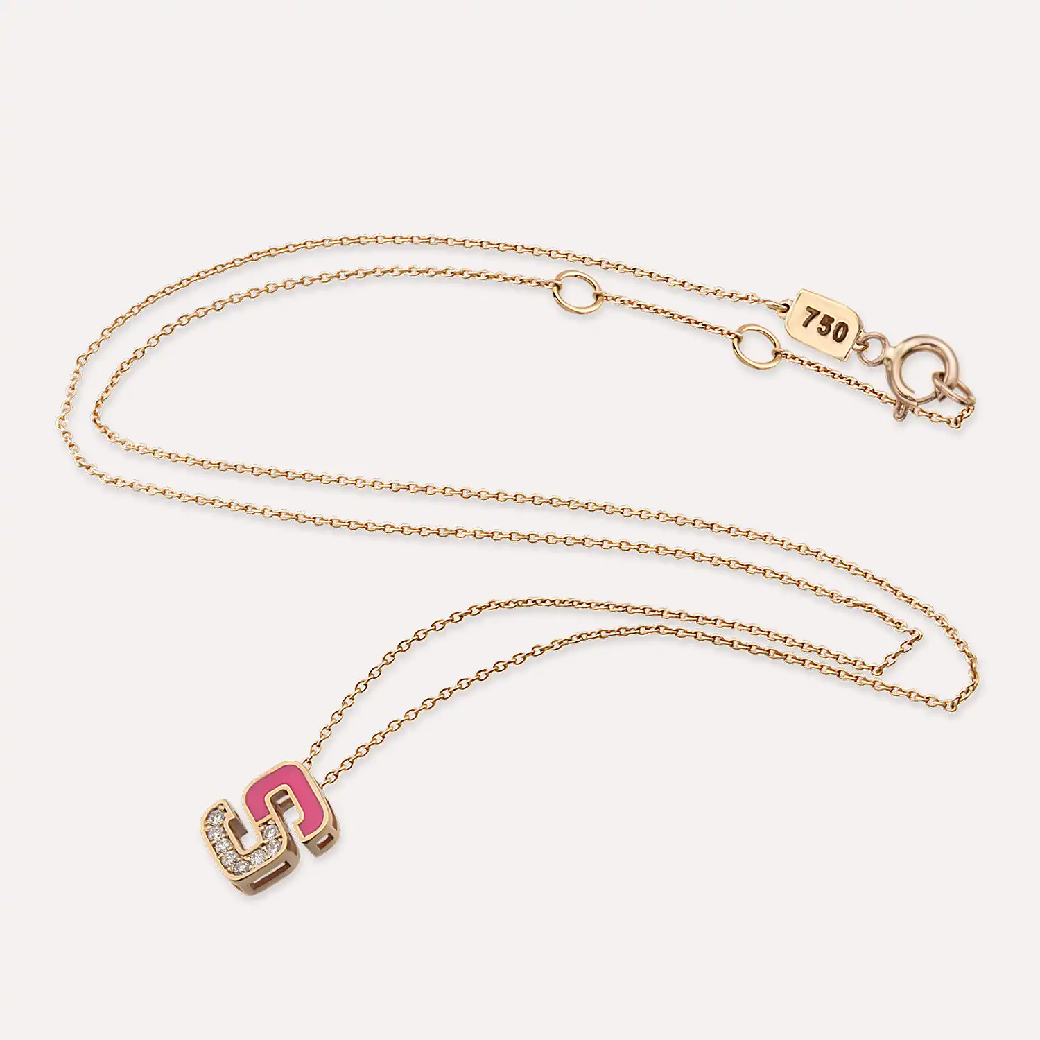 S Letter Diamond and Pink Enamel Rose Gold Necklace - 4