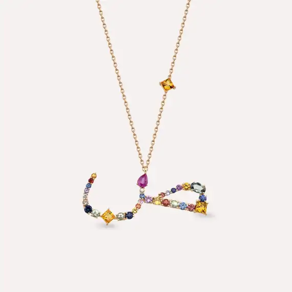 ص Sad Letter 1.99 CT Diamond and Multicolor Sapphire Rose Gold Necklace - 1