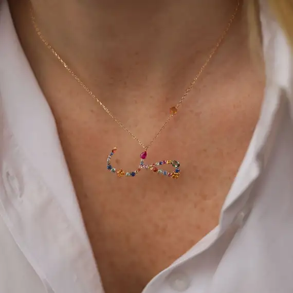 ص Sad Letter 1.99 CT Diamond and Multicolor Sapphire Rose Gold Necklace - 2