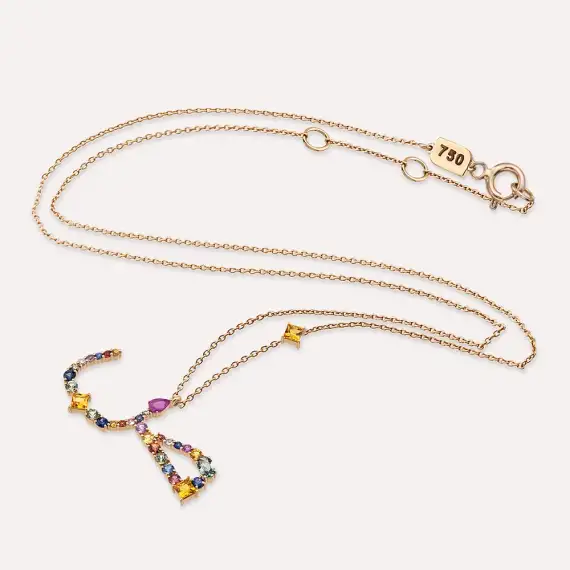 ص Sad Letter 1.99 CT Diamond and Multicolor Sapphire Rose Gold Necklace - 3