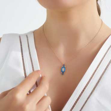 Salm Pırlanta Taşlı ve Mavi Mineli Kolye - Nev Jewellery