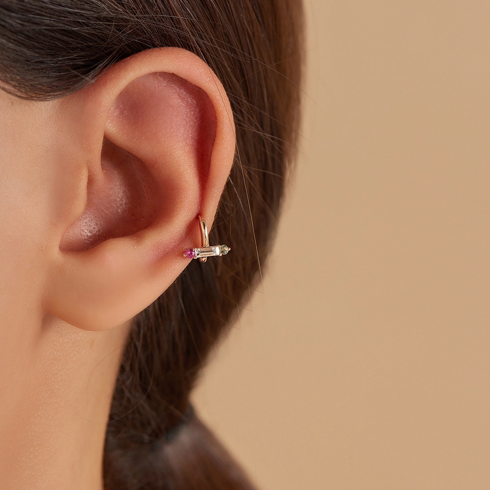 Sara Baguette Cut Diamond, Purple and Green Sapphire Hoop Piercing - Nev Jewellery (1)