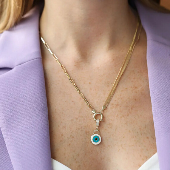 Sarı Altın Mineli ve Çift Zincir Detaylı Nazar Kolye - Nev Jewellery