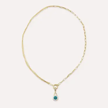 Sarı Altın Mineli ve Çift Zincir Detaylı Nazar Kolye - Nev Jewellery (1)