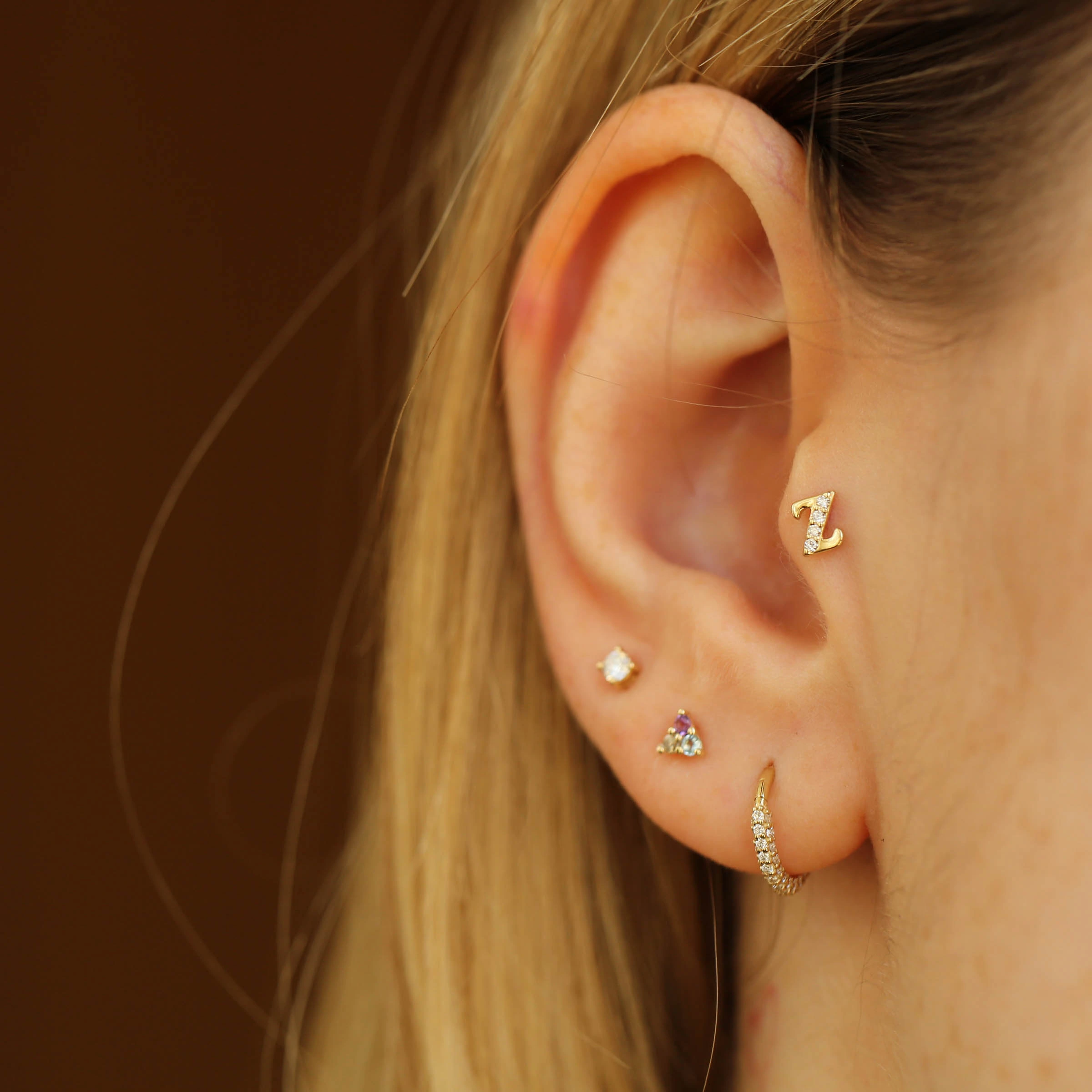 A Harf Sarı Altın Pırlanta Taşlı Piercing - 5