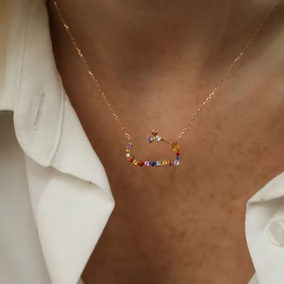 ﺙ Se Letter 1.65 CT Diamond and Multicolor Sapphire Rose Gold Necklace - 2