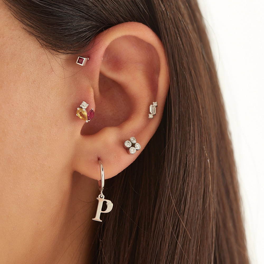 Seed 0.05 CT Baget Pırlanta Taşlı Beyaz Altın Piercing - Nev Jewellery (1)