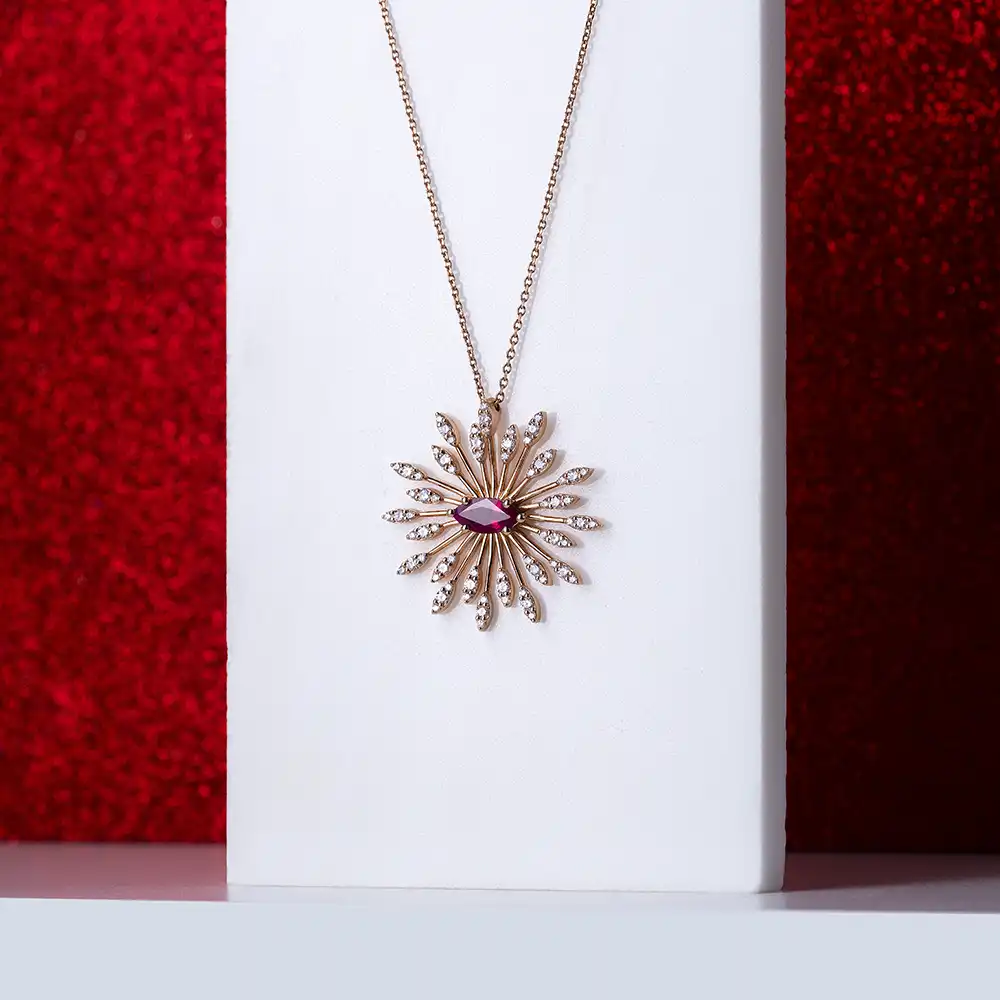 Shine 1.60 CT Yakut ve Pırlanta Taşlı Rose Altın Kolye - 3