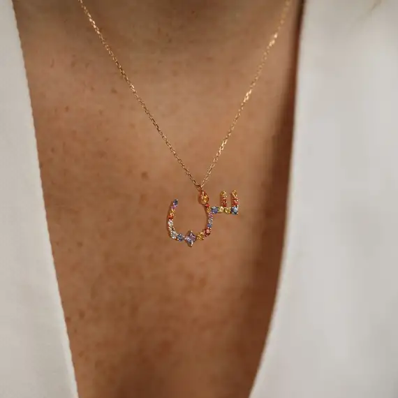 س Sın Letter 1.21 CT Diamond and Multicolor Sapphire Rose Gold Necklace - 2