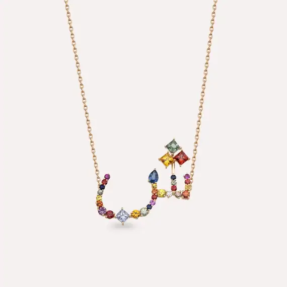 ﺵ‎ Şın Letter 2.02 CT Diamond and Multicolor Sapphire Rose Gold Necklace - 1