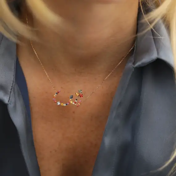 ﺵ‎ Şın Letter 2.02 CT Diamond and Multicolor Sapphire Rose Gold Necklace - 2