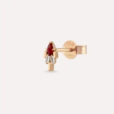 Sole Red Safir ve Baget Pırlanta Taşlı Rose Altın Tek Küpe - Nev Jewellery (1)