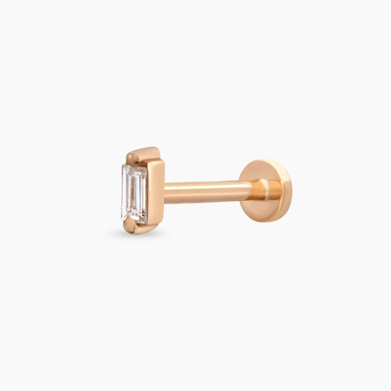 Solid 0.02 CT Baget Pırlanta Taşlı Rose Altın Piercing - Nev Jewellery