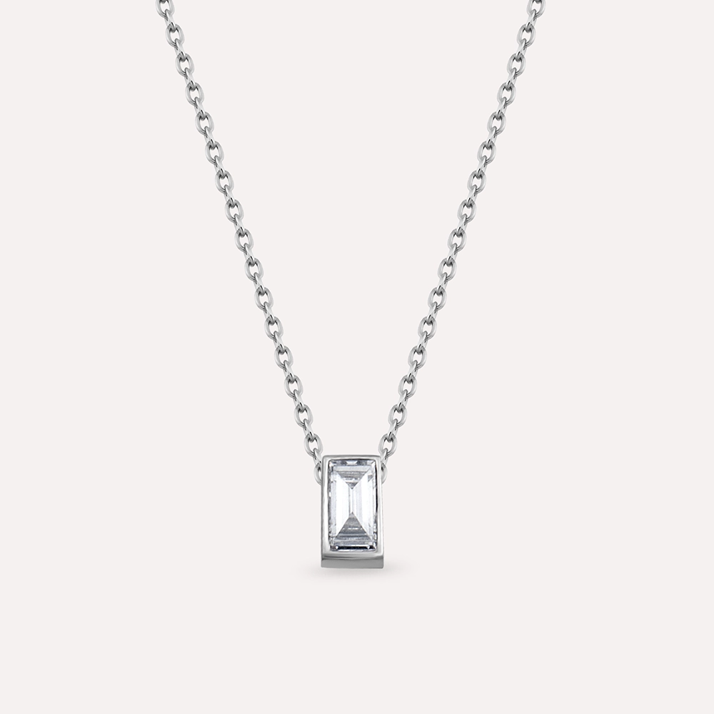 Solid 0.10 CT Baguette Cut Diamond White Gold Necklace - 1