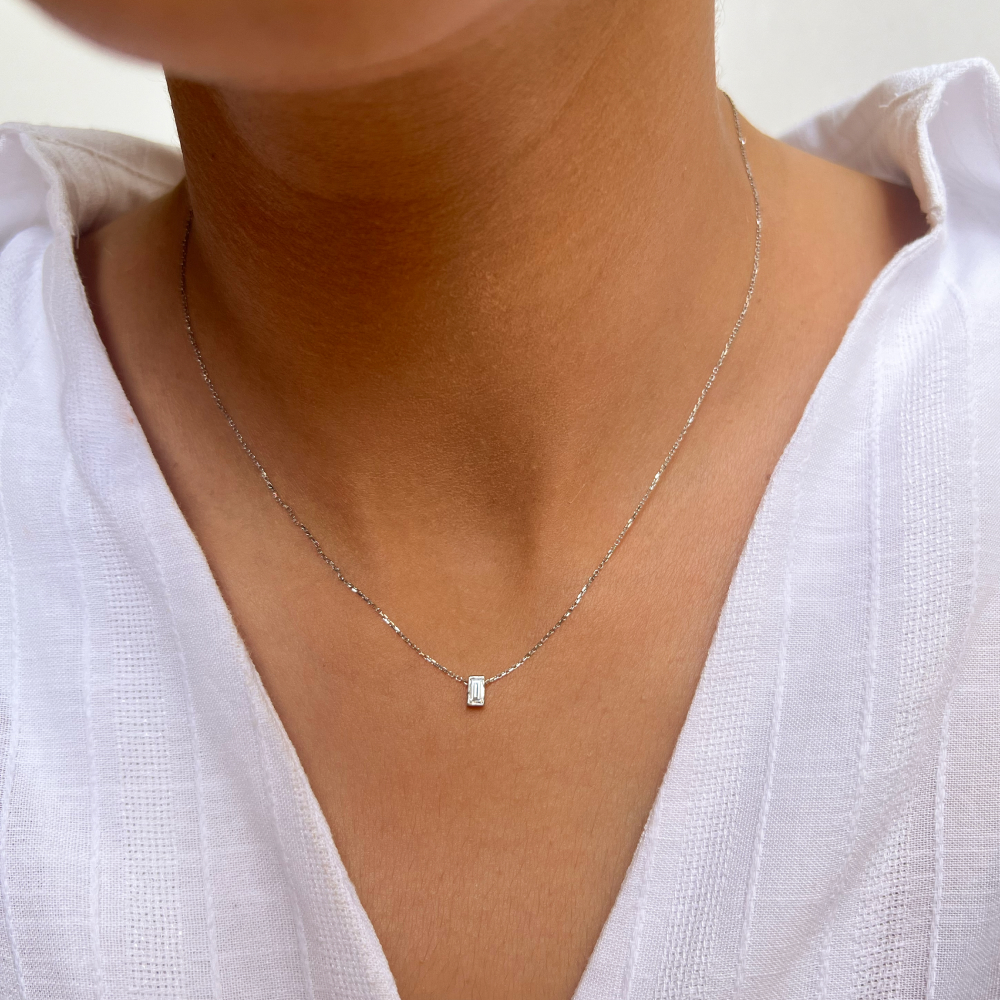 Solid 0.10 CT Baguette Cut Diamond White Gold Necklace - 2