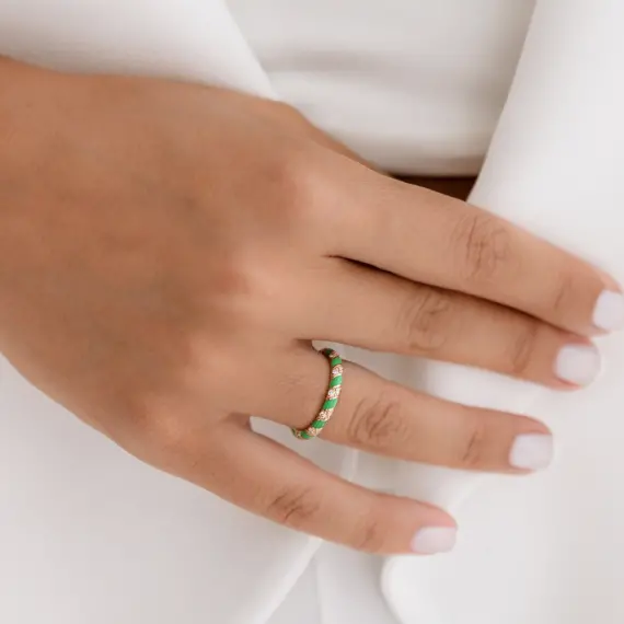 Spiry 0.36 CT Diamond, Green Enamel Rose Gold Eternity Ring - 2