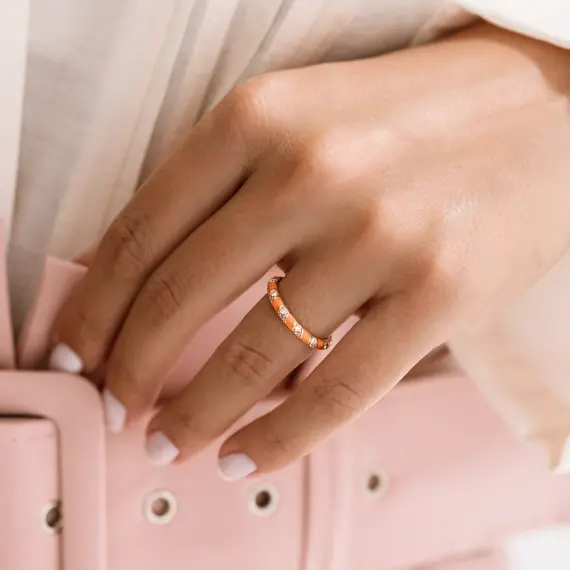 Spiry 0.38 CT Diamond, Orange Enamel Rose Gold Eternity Ring - 2