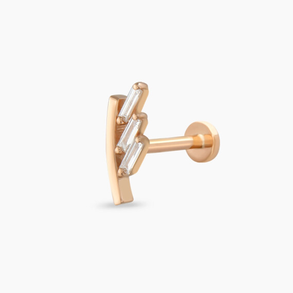 Stem Baget Pırlanta Taşlı Rose Altın Piercing - Nev Jewellery