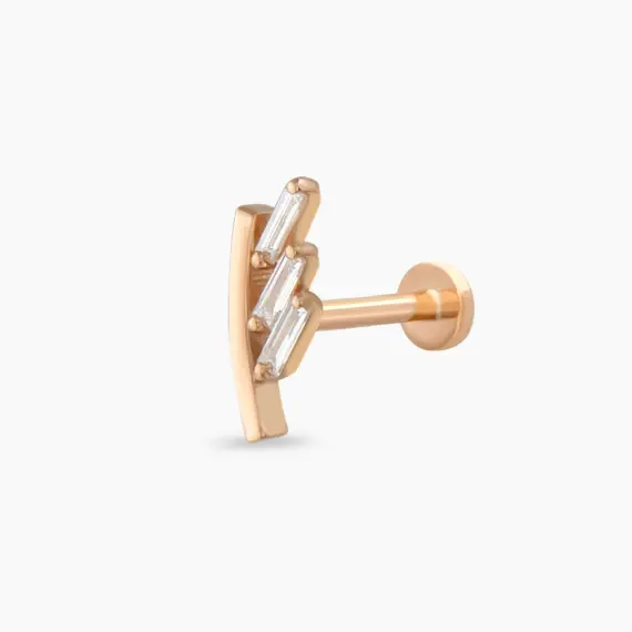 Stem Baget Pırlanta Taşlı Rose Altın Piercing - 1