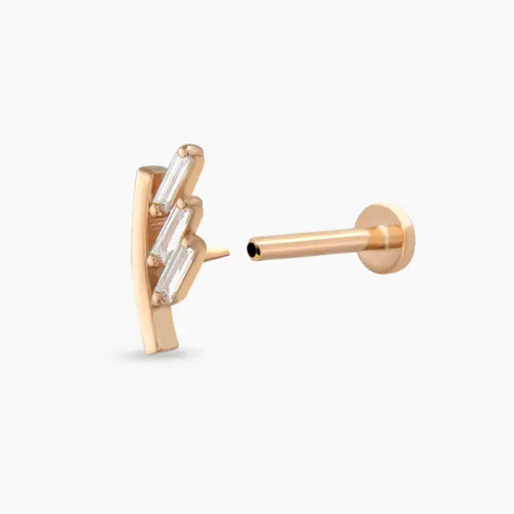 Stem Baget Pırlanta Taşlı Rose Altın Piercing - 4