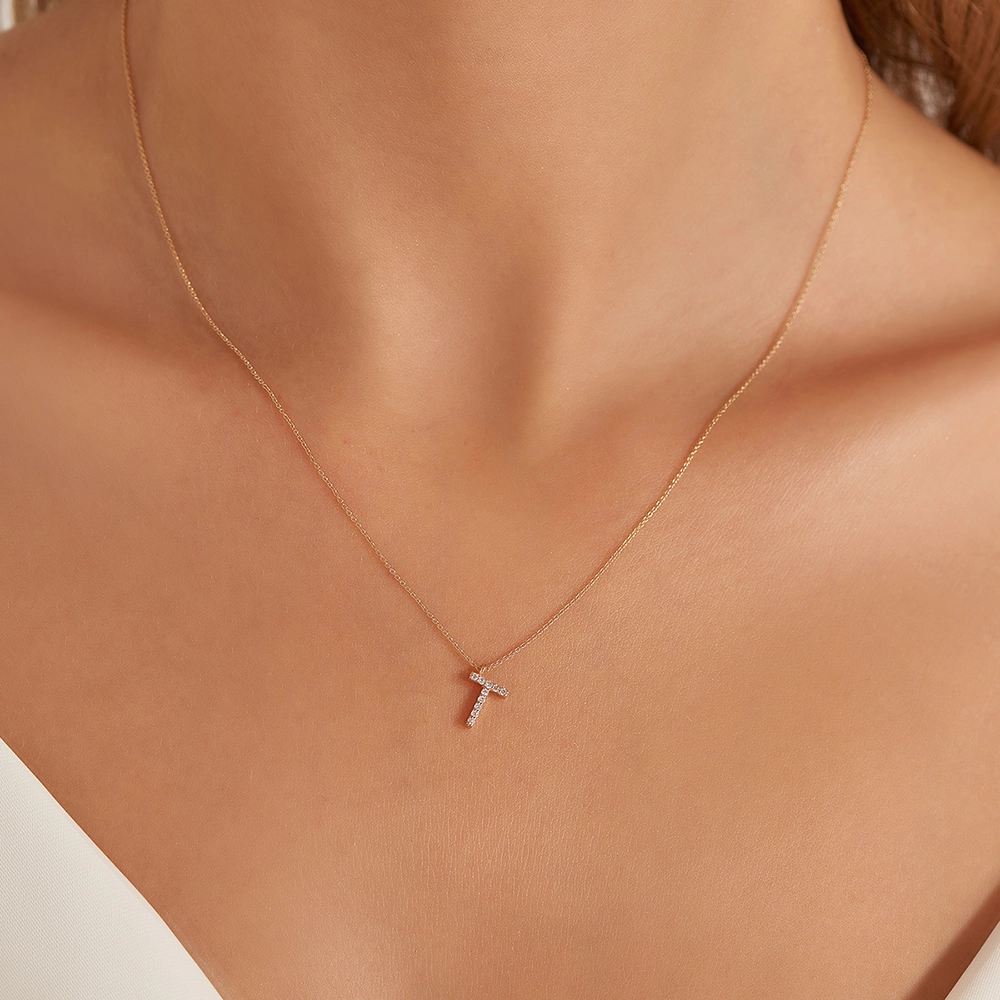 T Harf 0.07 CT Pırlanta Taşlı Rose Altın Kolye - Nev Jewellery (1)