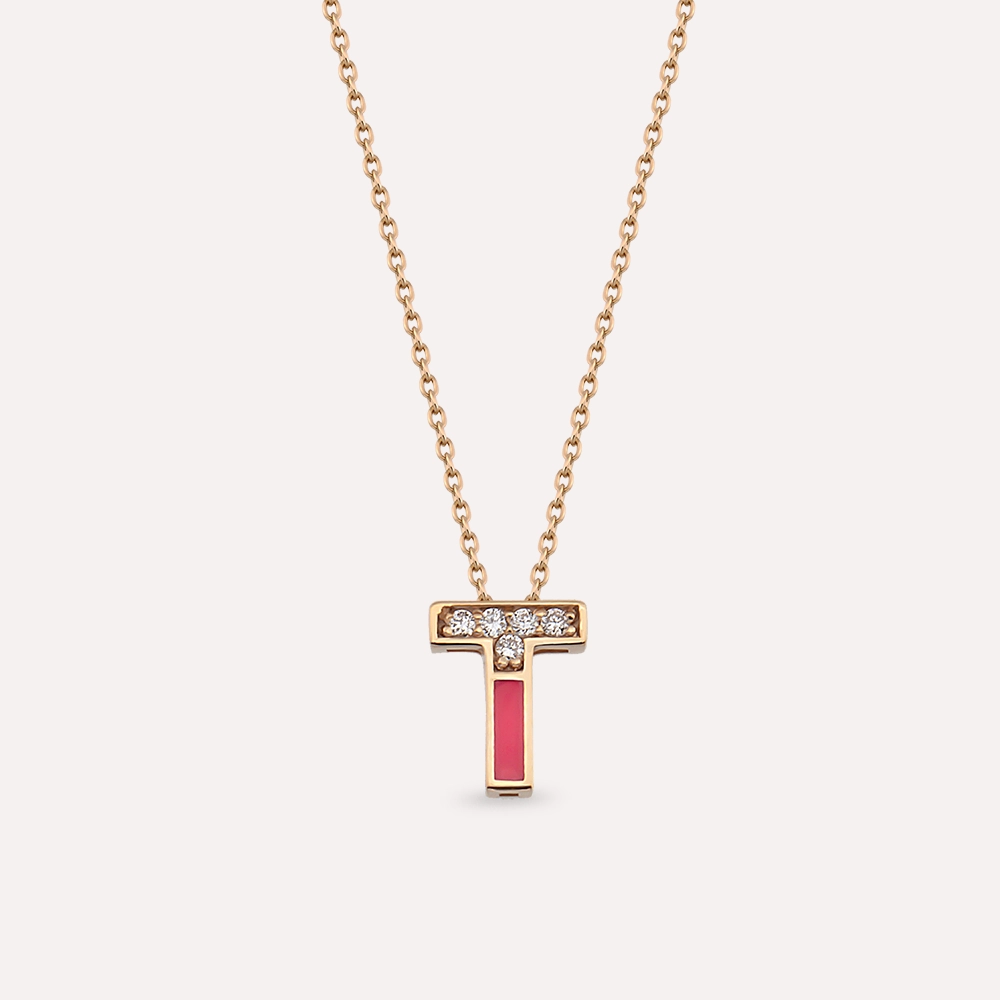 T Letter Diamond and Pink Enamel Rose Gold Pendant - 1