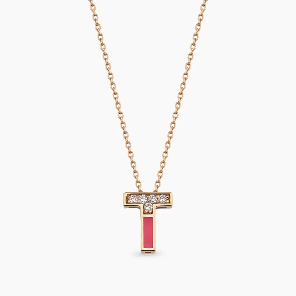 T Letter Diamond and Pink Enamel Rose Gold Pendant - 1
