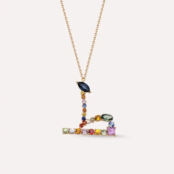 ط Tı Letter 1.48 CT Diamond and Multicolor Sapphire Rose Gold Necklace - 1