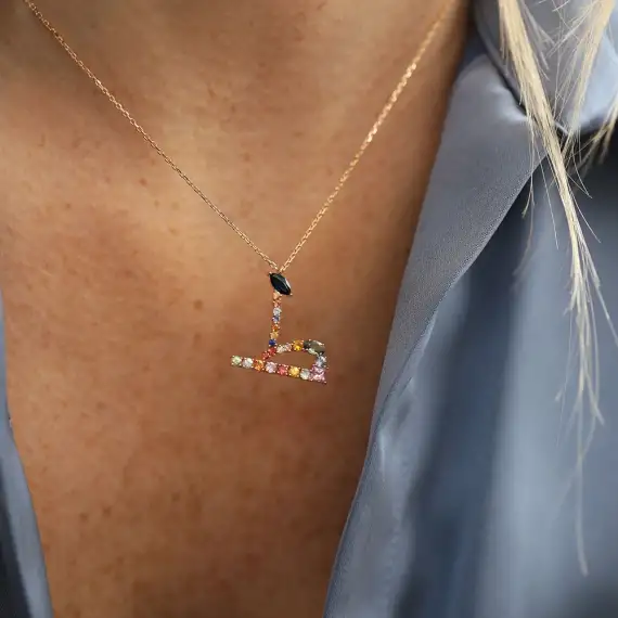 ط Tı Letter 1.48 CT Diamond and Multicolor Sapphire Rose Gold Necklace - 2