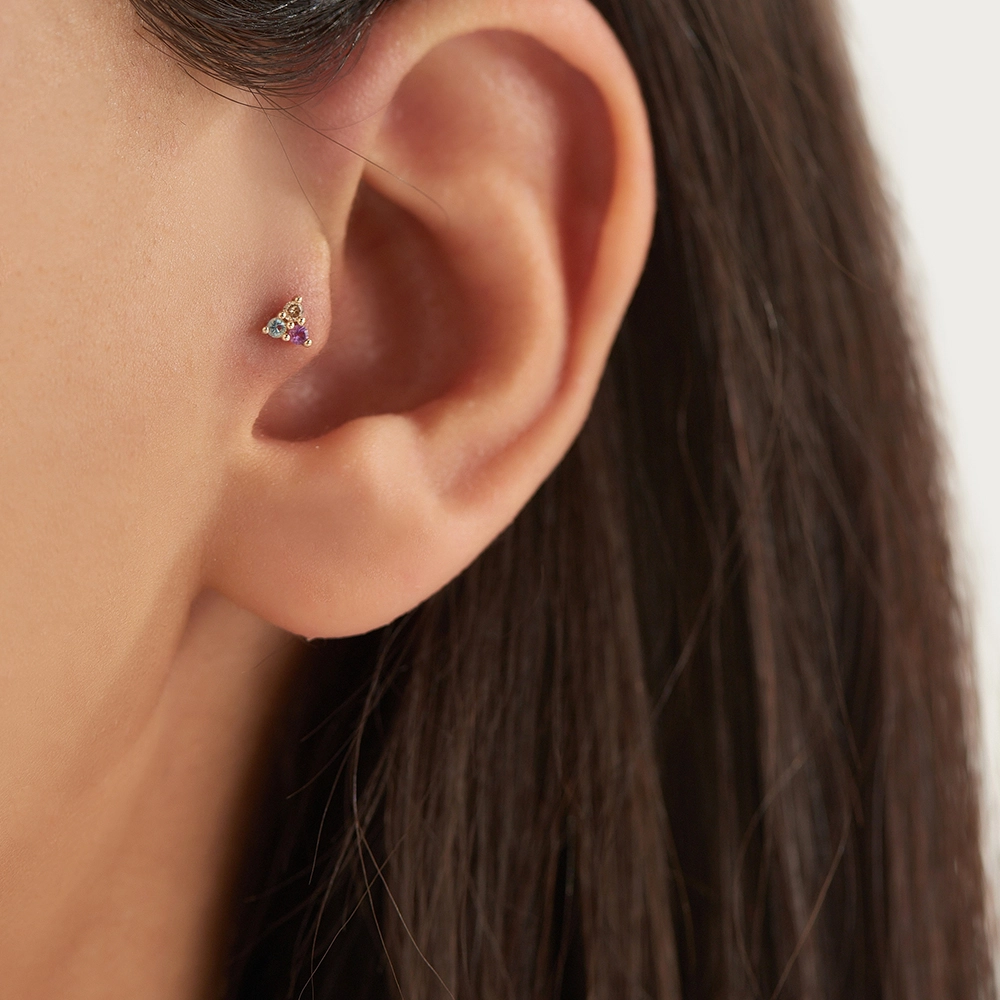 Triangle Ametist ve Aquamarin Taşlı Rose Altın Piercing - Nev Jewellery (1)