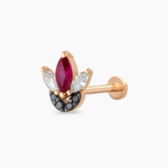 Tulip Yakut ve Siyah Pırlanta Taşlı Rose Altın Piercing - Nev Jewellery