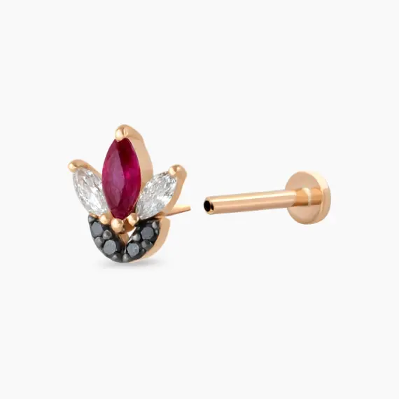 Tulip Yakut ve Siyah Pırlanta Taşlı Rose Altın Piercing - 4