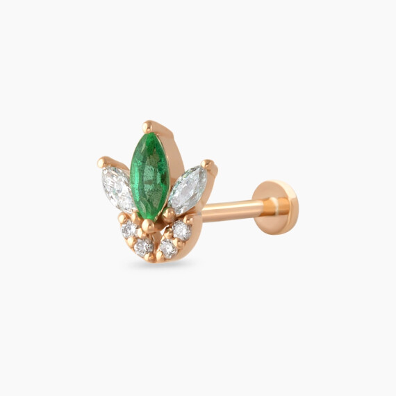 Tulip Markiz Kesim Zümrüt ve Pırlanta Taşlı Rose Altın Piercing - Nev Jewellery