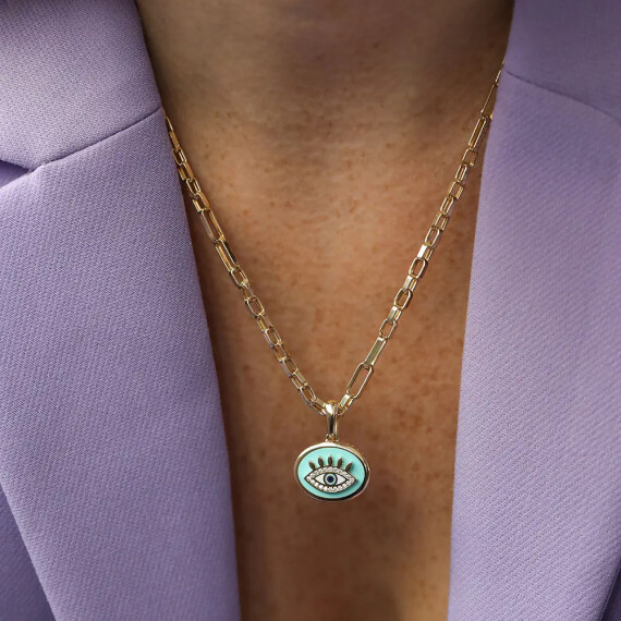 Turkuaz Mineli Sarı Altın Ataç Kolye - Nev Jewellery
