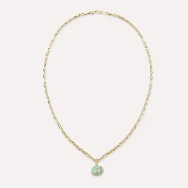 Turkuaz Mineli Sarı Altın Ataç Kolye - Nev Jewellery (1)