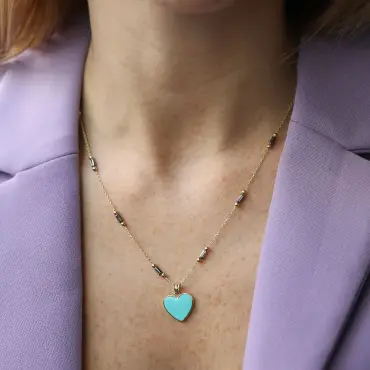Turkuaz Mineli Sarı Altın Kalp Kolye - Nev Jewellery (1)
