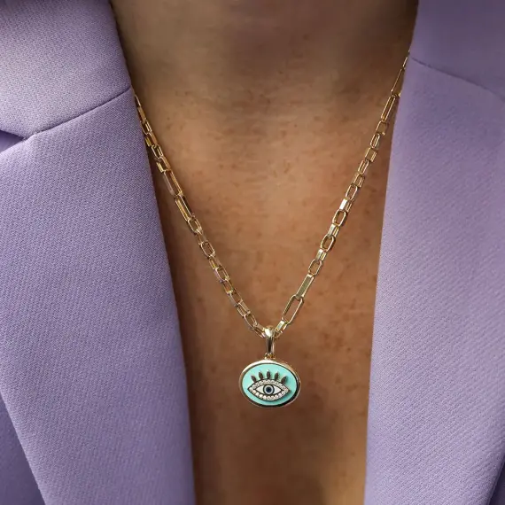 Turqouise Enamel Yellow Gold Chain Necklace - 1